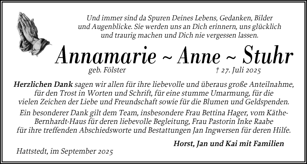  Traueranzeige für Annamarie Anne Stuhr vom 03.09.2025 aus Husumer Nachrichten, Nordfriesland Tageblatt