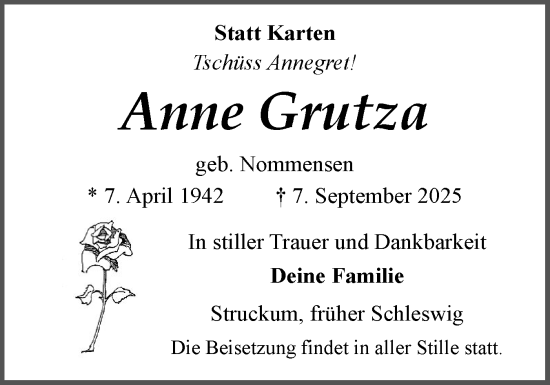 Traueranzeige von Anne Grutza von Schleswiger Nachrichten, Schlei-Bote