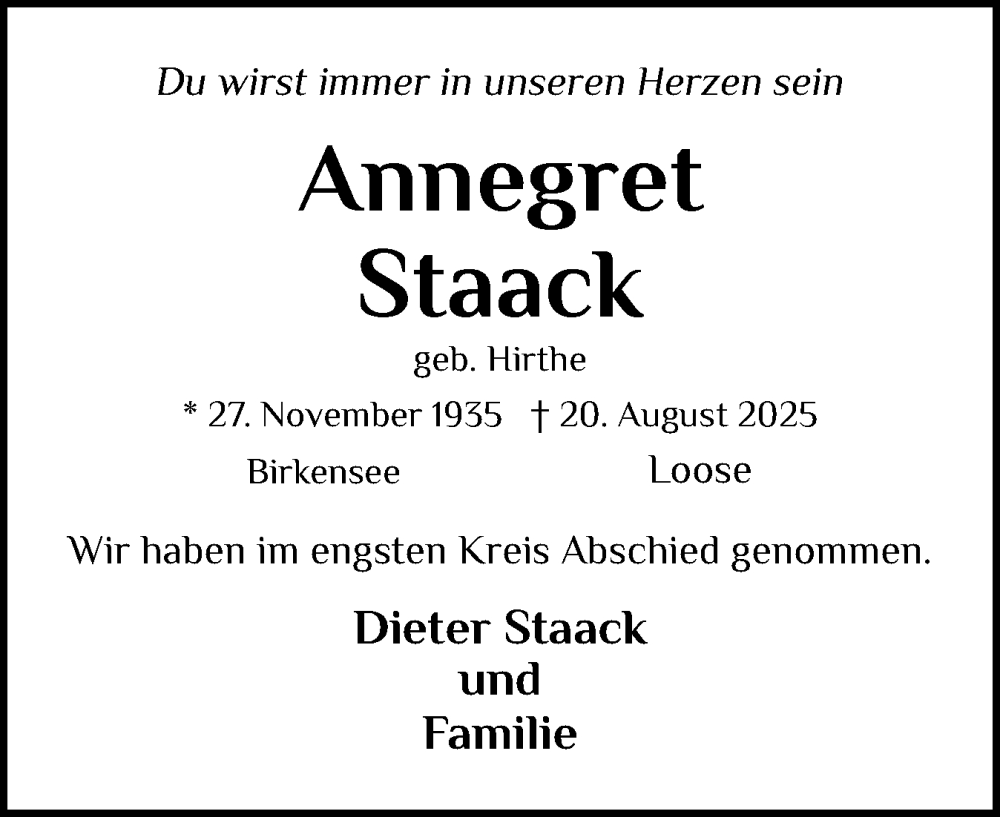  Traueranzeige für Annegret Staack vom 06.09.2025 aus Eckernförder Zeitung, Hallo Eckernförde