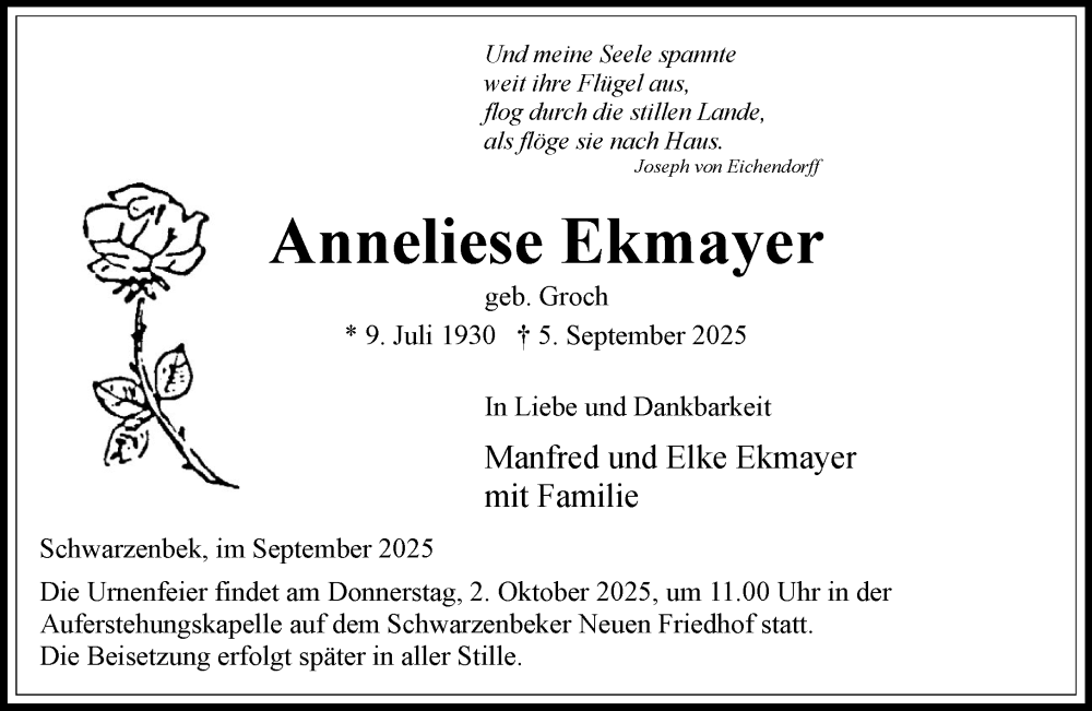  Traueranzeige für Anneliese Ekmayer vom 20.09.2025 aus Wochenend Anzeiger