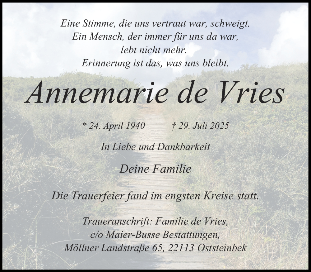  Traueranzeige für Annemarie de Vries vom 06.09.2025 aus MARKT Glinde/Reinbek