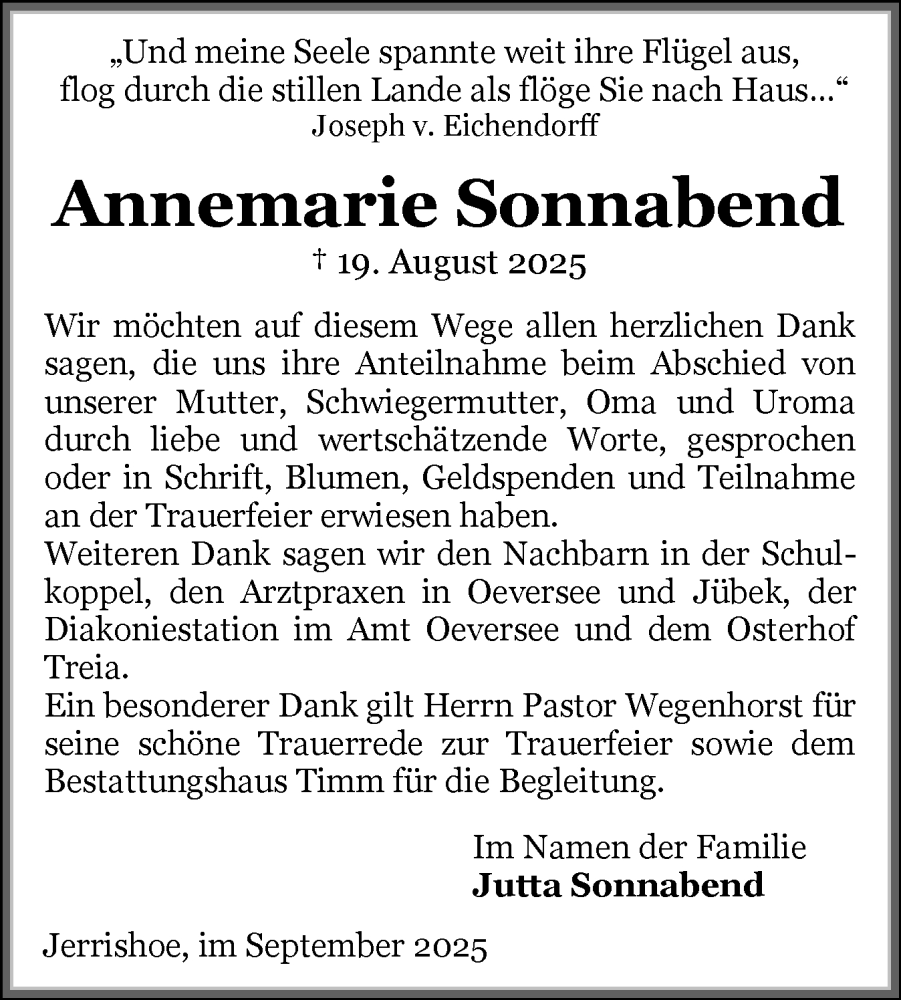  Traueranzeige für Annemarie Sonnabend vom 20.09.2025 aus Flensburger Tageblatt