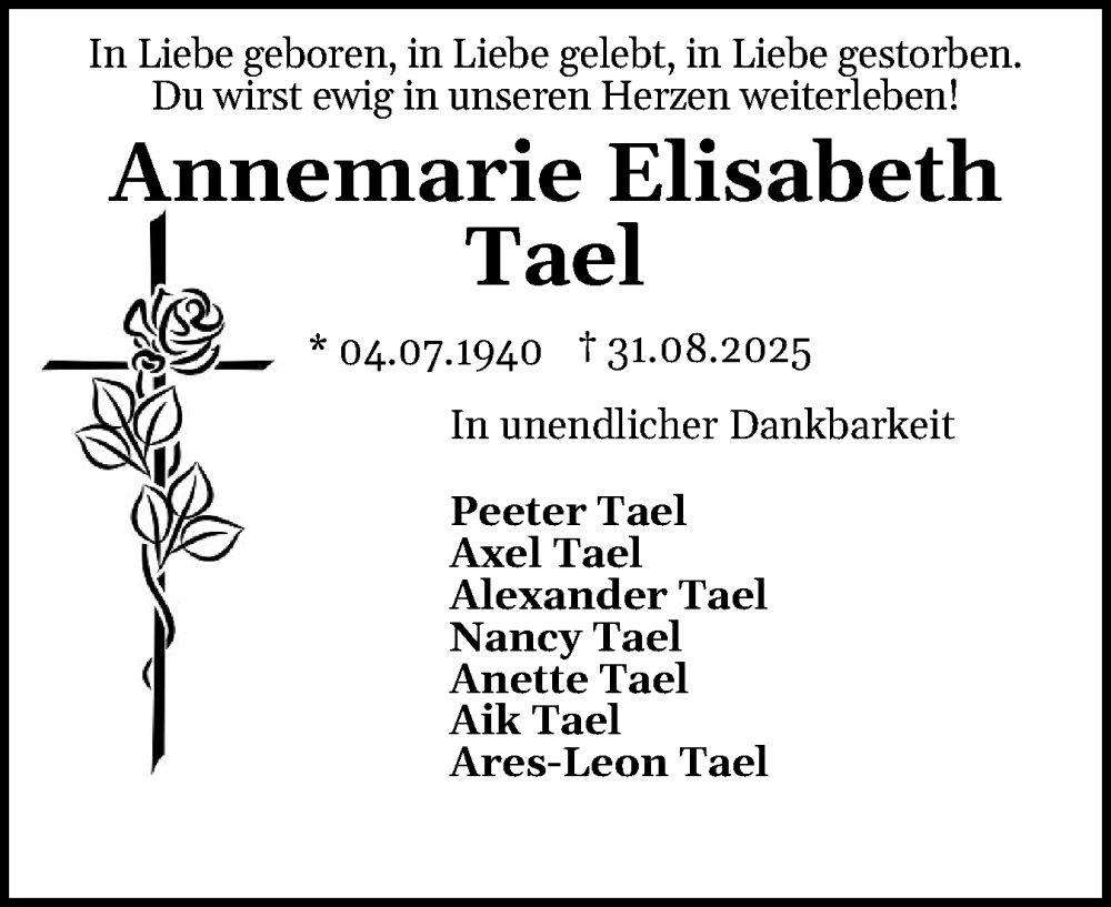  Traueranzeige für Annemarie Elisabeth Tael vom 13.09.2025 aus Eckernförder Zeitung, Hallo Eckernförde