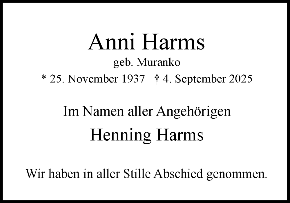  Traueranzeige für Anni Harms vom 20.09.2025 aus Uetersener Nachrichten, Der tip am Wochenende