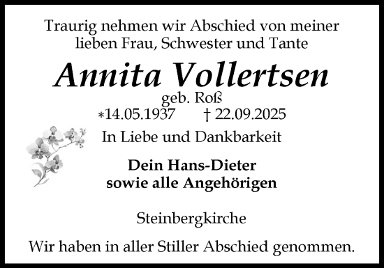 Traueranzeige von Annita Vollertsen von Flensburger Tageblatt