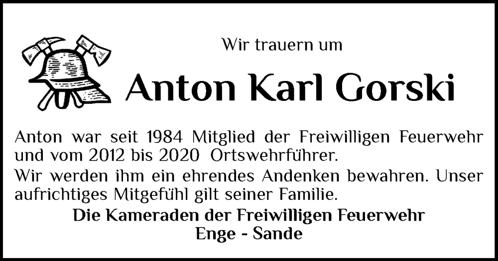  Traueranzeige für Anton Karl Gorski vom 27.09.2025 aus Husumer Nachrichten, Nordfriesland Tageblatt