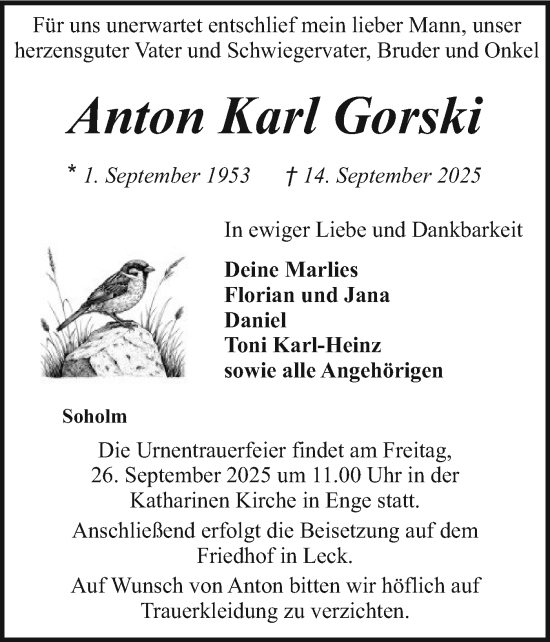 Traueranzeige von Anton Karl Gorski von Husumer Nachrichten, Nordfriesland Tageblatt