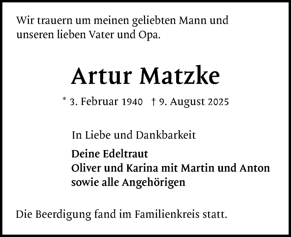  Traueranzeige für Artur Matzke vom 06.09.2025 aus Region Pinneberg und tip Pinneberg