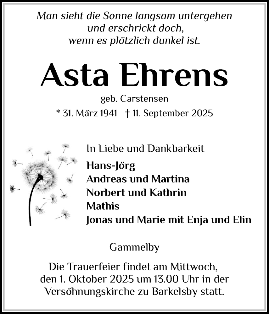  Traueranzeige für Asta Ehrens vom 20.09.2025 aus Eckernförder Zeitung, Hallo Eckernförde