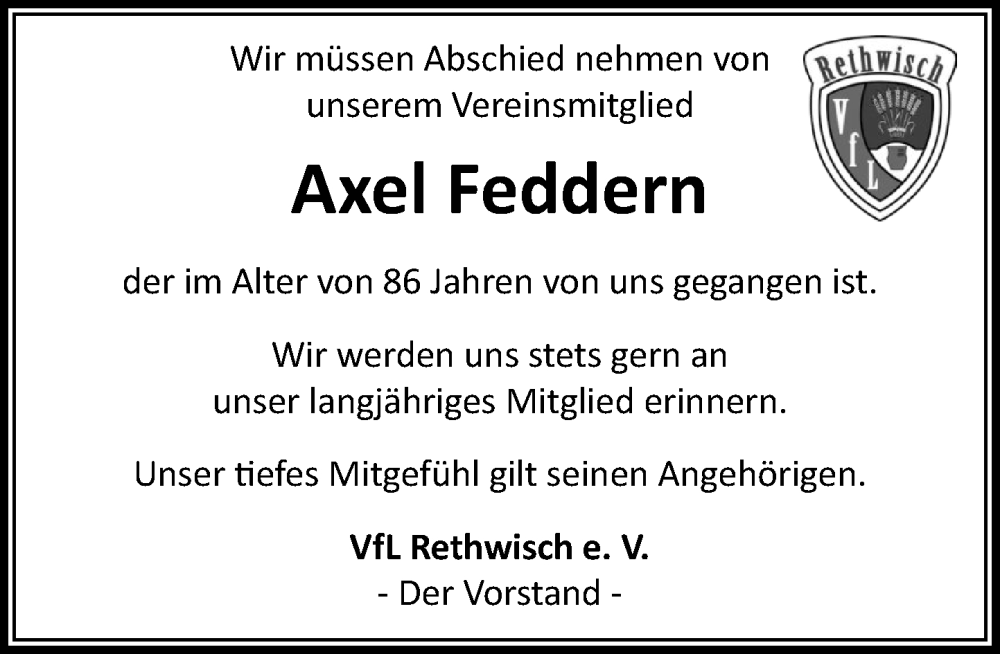  Traueranzeige für Axel Feddern vom 20.09.2025 aus MARKT Bad Oldesloe/Reinfeld und Stormarner Tageblatt