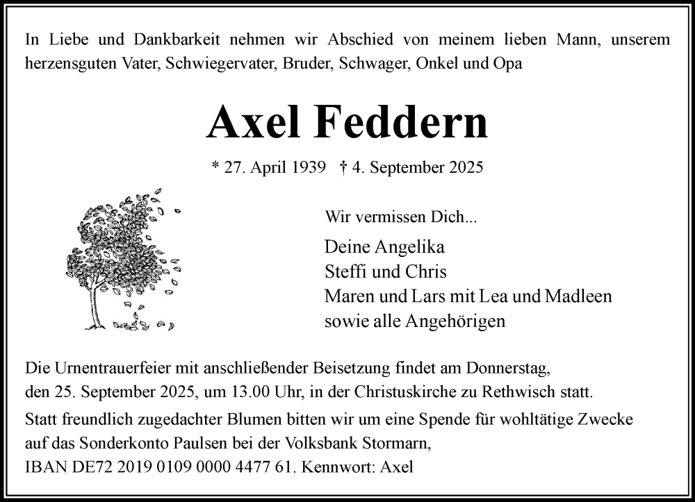  Traueranzeige für Axel Feddern vom 13.09.2025 aus MARKT Bad Oldesloe/Reinfeld und Stormarner Tageblatt