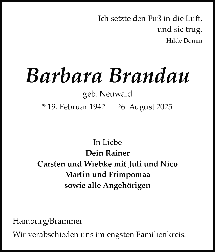  Traueranzeige für Barbara Brandau vom 06.09.2025 aus Schleswig-Holsteinische Landeszeitung
