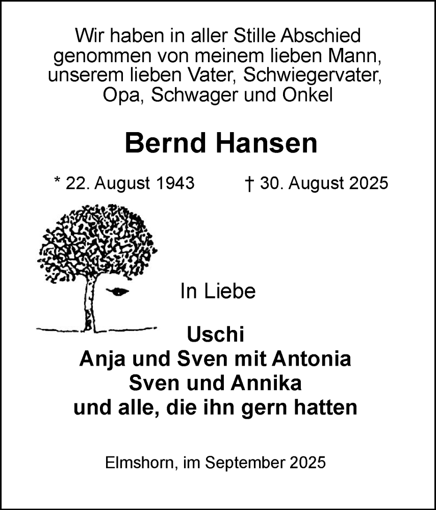  Traueranzeige für Bernd Hansen vom 27.09.2025 aus Elmshorner Nachrichten, Barmstedter Zeitung