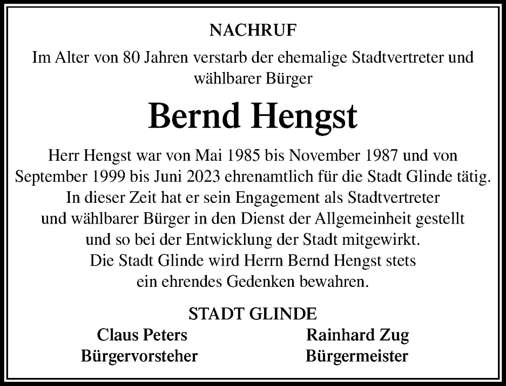  Traueranzeige für Bernd Hengst vom 27.09.2025 aus MARKT Glinde/Reinbek