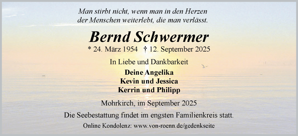  Traueranzeige für Bernd Schwermer vom 20.09.2025 aus Flensburger Tageblatt, Schleswiger Nachrichten, Schlei-Bote