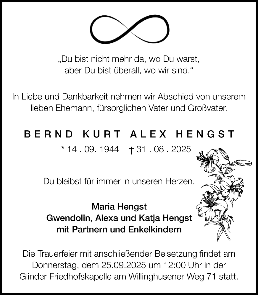  Traueranzeige für Bernd Kurt Alex Hengst vom 20.09.2025 aus MARKT Glinde/Reinbek