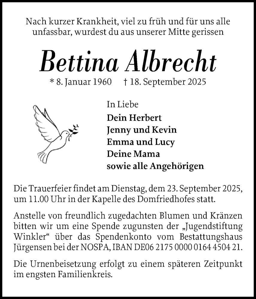  Traueranzeige für Bettina Albrecht vom 20.09.2025 aus Schleswiger Nachrichten, Schlei-Bote
