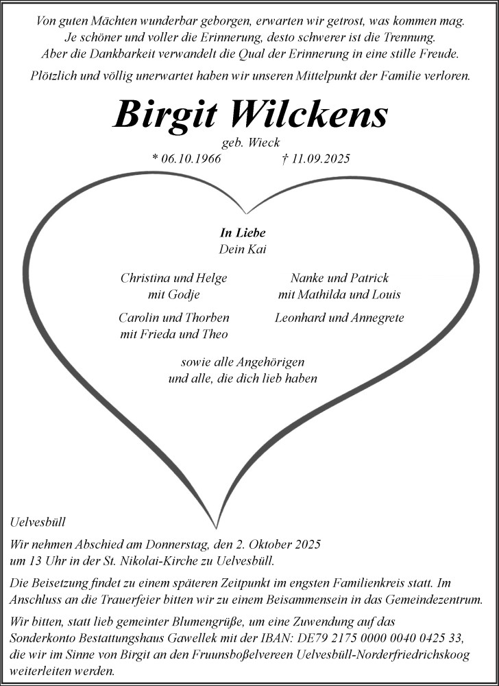  Traueranzeige für Birgit Wilckens vom 20.09.2025 aus Husumer Nachrichten, Nordfriesland Tageblatt