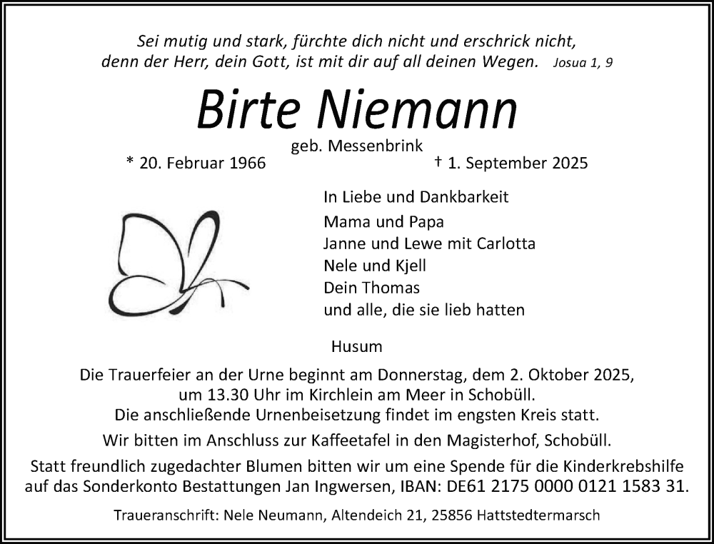  Traueranzeige für Birte Niemann vom 20.09.2025 aus Husumer Nachrichten, Nordfriesland Tageblatt