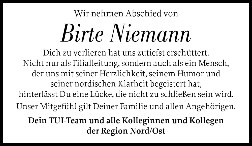  Traueranzeige für Birte Niemann vom 20.09.2025 aus Husumer Nachrichten, Nordfriesland Tageblatt