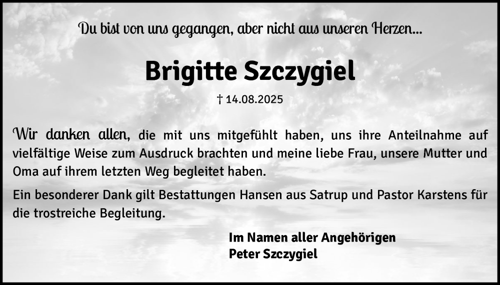  Traueranzeige für Brigitte Szczygiel vom 20.09.2025 aus Flensburger Tageblatt