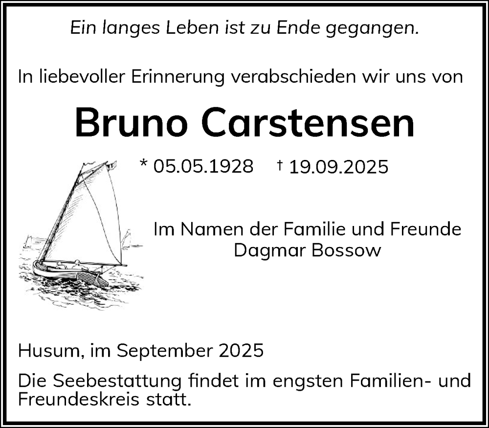  Traueranzeige für Bruno Carstensen vom 26.09.2025 aus Husumer Nachrichten, Nordfriesland Tageblatt