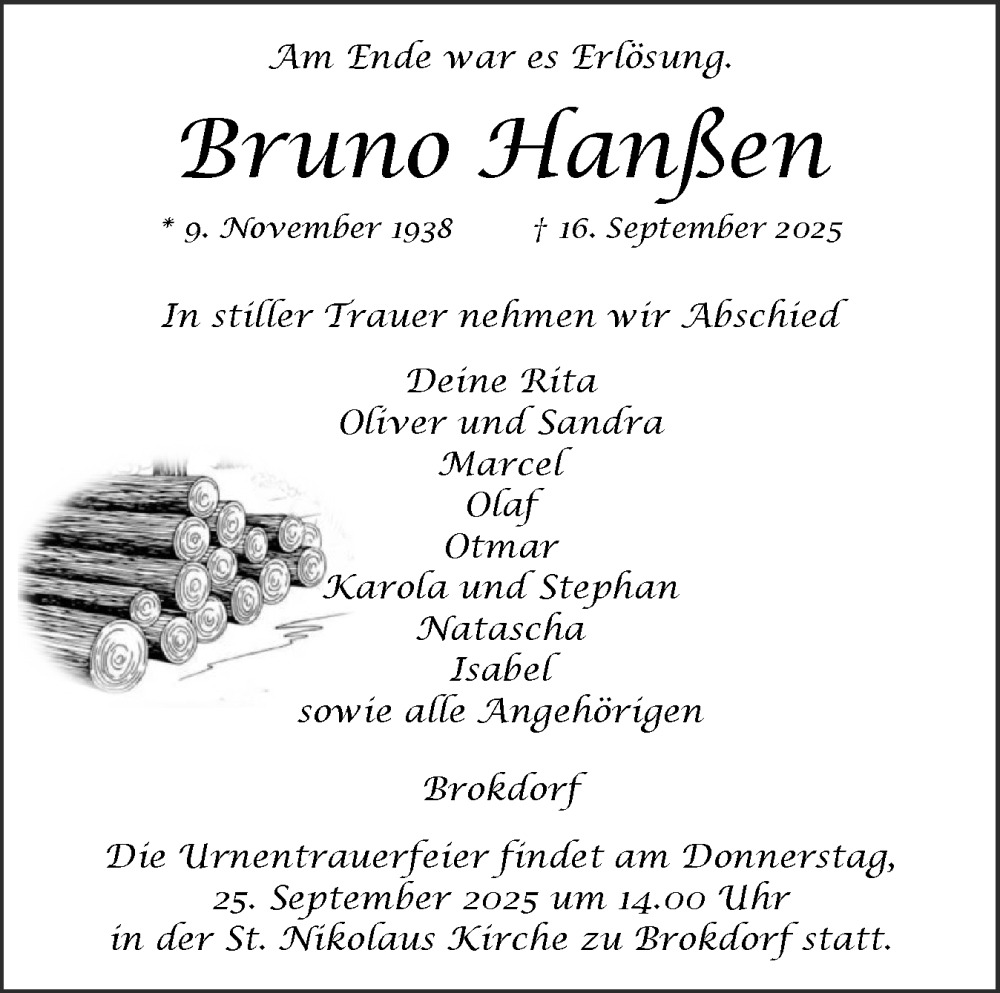  Traueranzeige für Bruno Hanßen vom 20.09.2025 aus Norddeutsche Rundschau, Wilstersche Zeitung, Glückstädter Fortuna