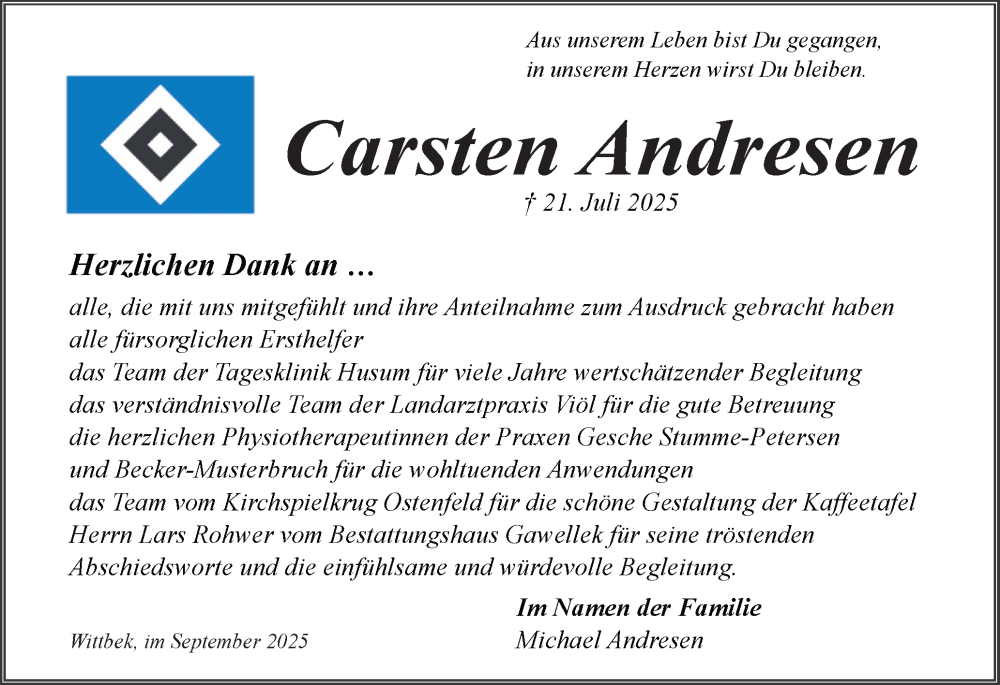  Traueranzeige für Carsten Andresen vom 06.09.2025 aus Husumer Nachrichten, Nordfriesland Tageblatt