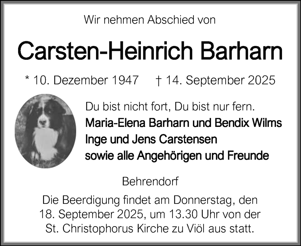  Traueranzeige für Carsten-Heinrich Barharn vom 17.09.2025 aus Husumer Nachrichten, Nordfriesland Tageblatt