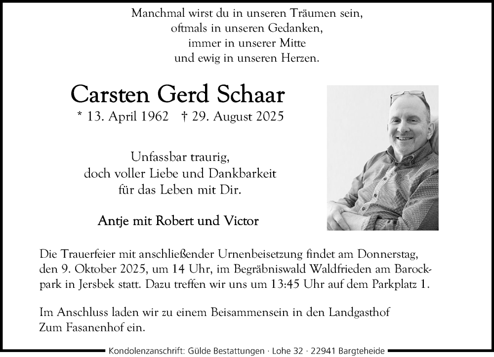  Traueranzeige für Carsten Gerd Schaar vom 27.09.2025 aus MARKT Ahrensburg/Bargteheide/Trittau und Stormarner Tageblatt