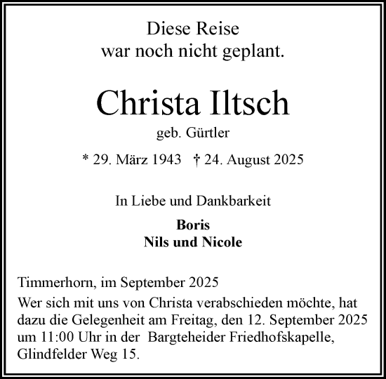 Traueranzeige von Christa Iltsch von MARKT Ahrensburg/Bargteheide/Trittau und Stormarner Tageblatt