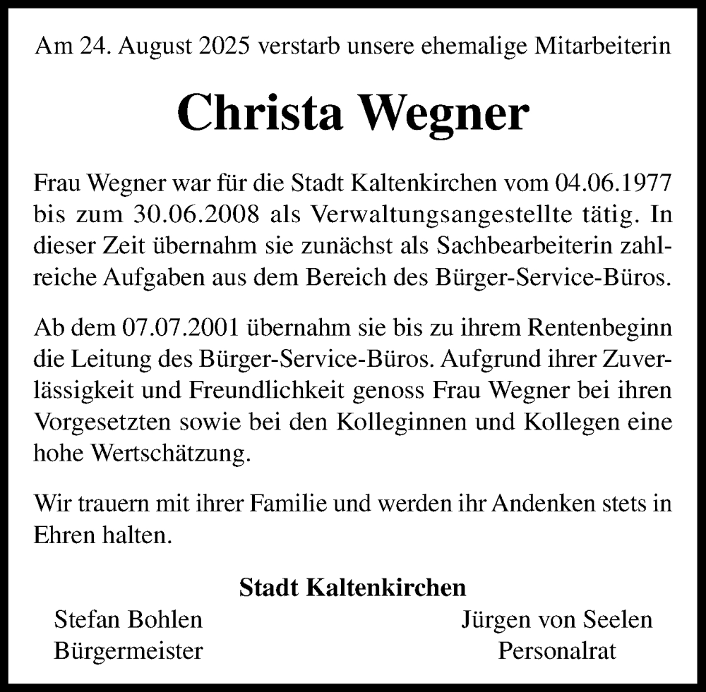  Traueranzeige für Christa Wegner vom 06.09.2025 aus Umschau