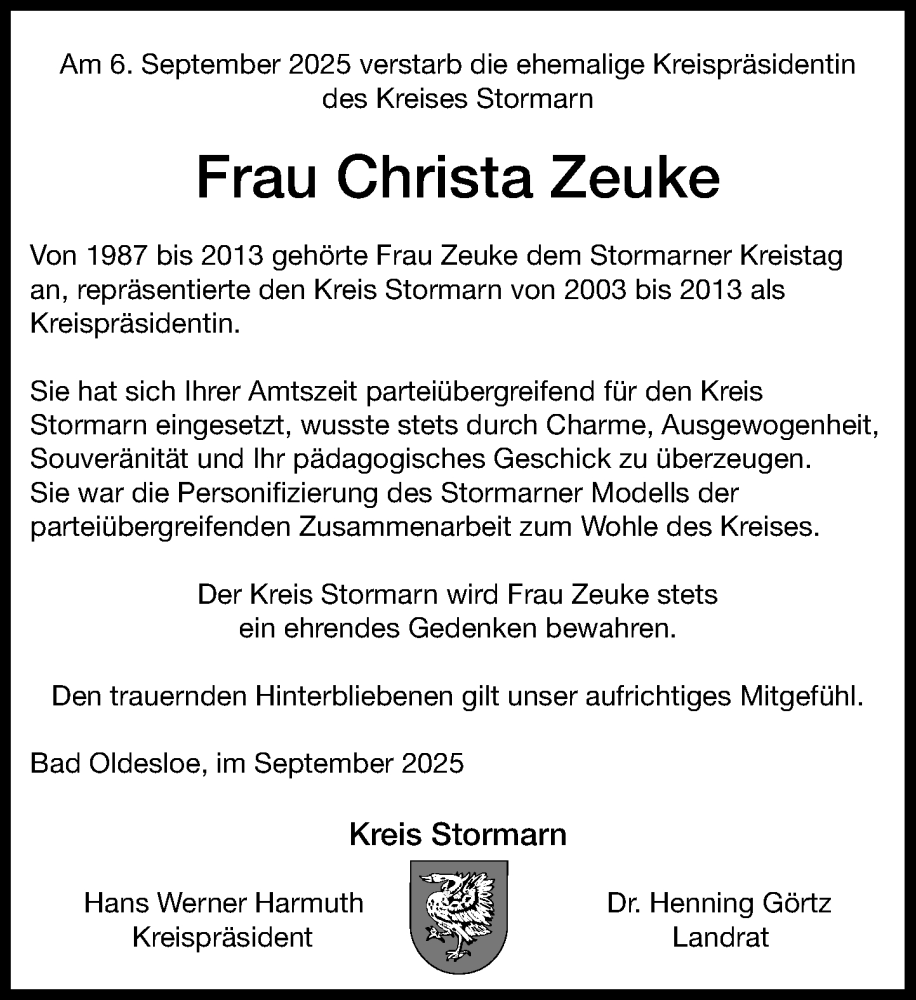  Traueranzeige für Christa Zeuke vom 13.09.2025 aus MARKT Glinde/Reinbek