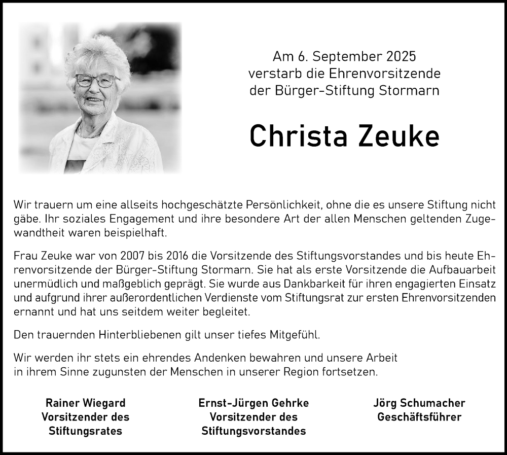  Traueranzeige für Christa Zeuke vom 20.09.2025 aus MARKT Glinde/Reinbek