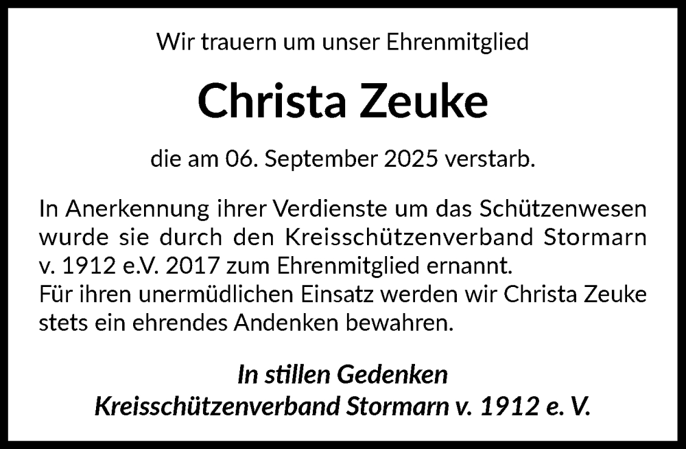  Traueranzeige für Christa Zeuke vom 20.09.2025 aus MARKT Bad Oldesloe/Reinfeld und Stormarner Tageblatt