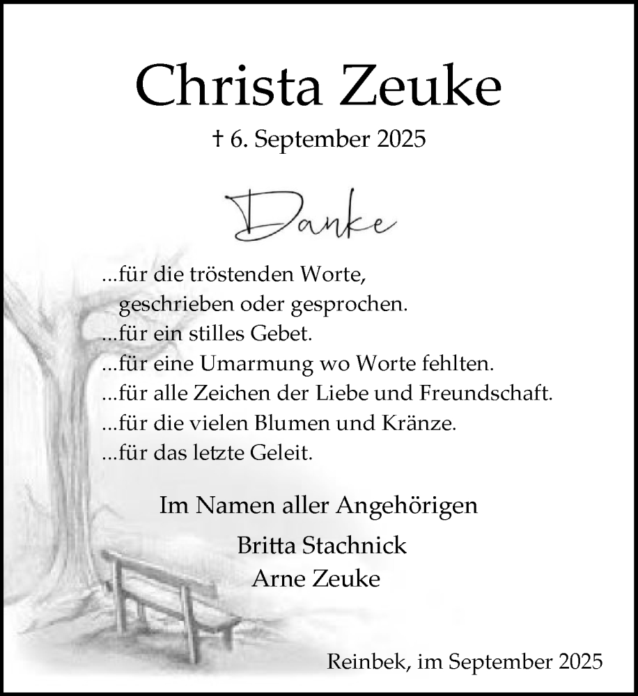  Traueranzeige für Christa Zeuke vom 27.09.2025 aus MARKT Glinde/Reinbek