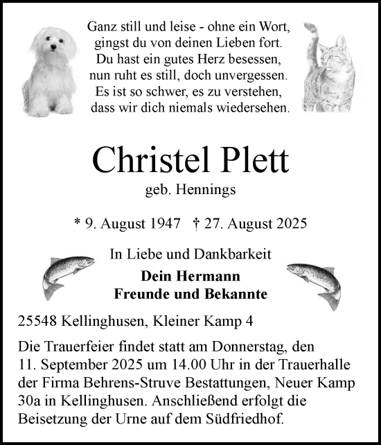 Traueranzeige von Christel Plett von Norddeutsche Rundschau, Wilstersche Zeitung, Glückstädter Fortuna