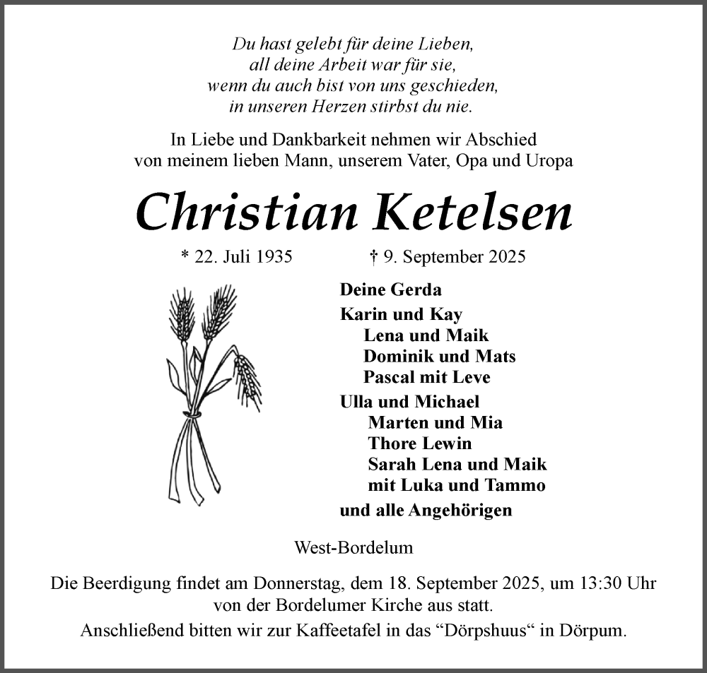  Traueranzeige für Christian Ketelsen vom 13.09.2025 aus Husumer Nachrichten, Nordfriesland Tageblatt