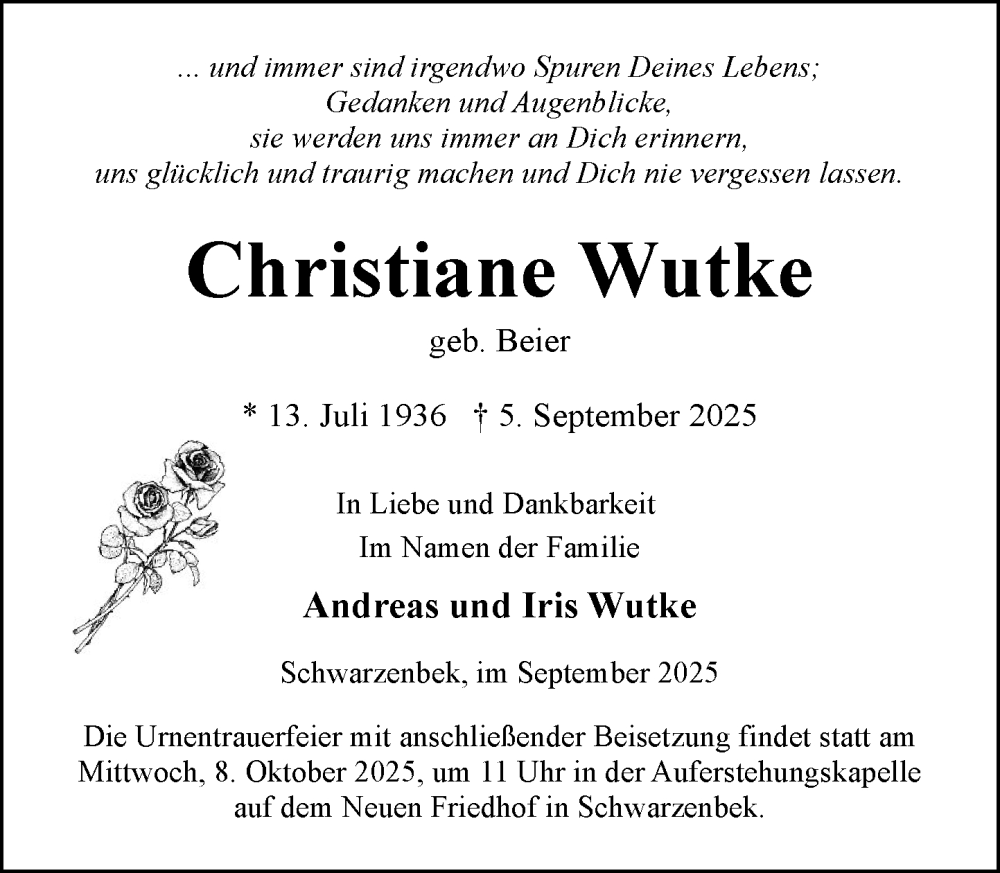  Traueranzeige für Christiane Wutke vom 20.09.2025 aus Wochenend Anzeiger