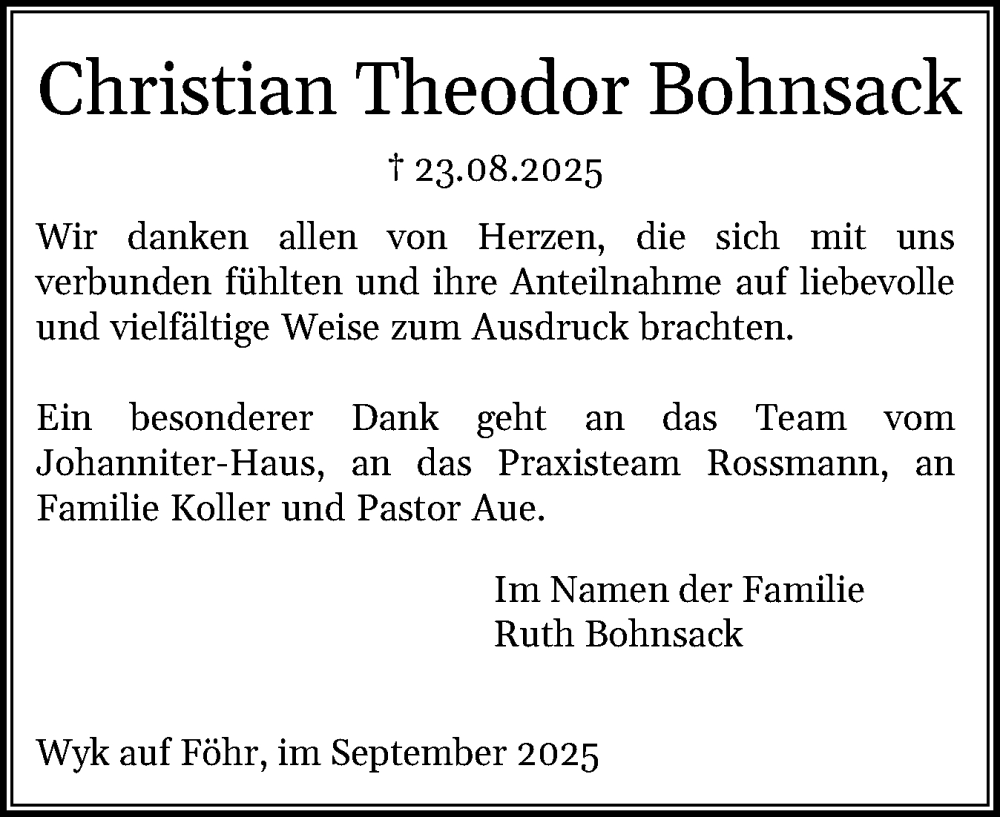  Traueranzeige für Christian Theodor Bohnsack vom 20.09.2025 aus Der Insel-Bote