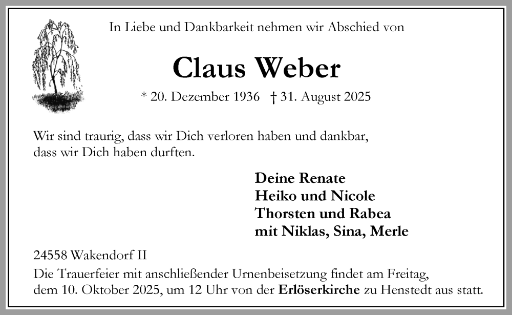  Traueranzeige für Claus Weber vom 27.09.2025 aus Umschau