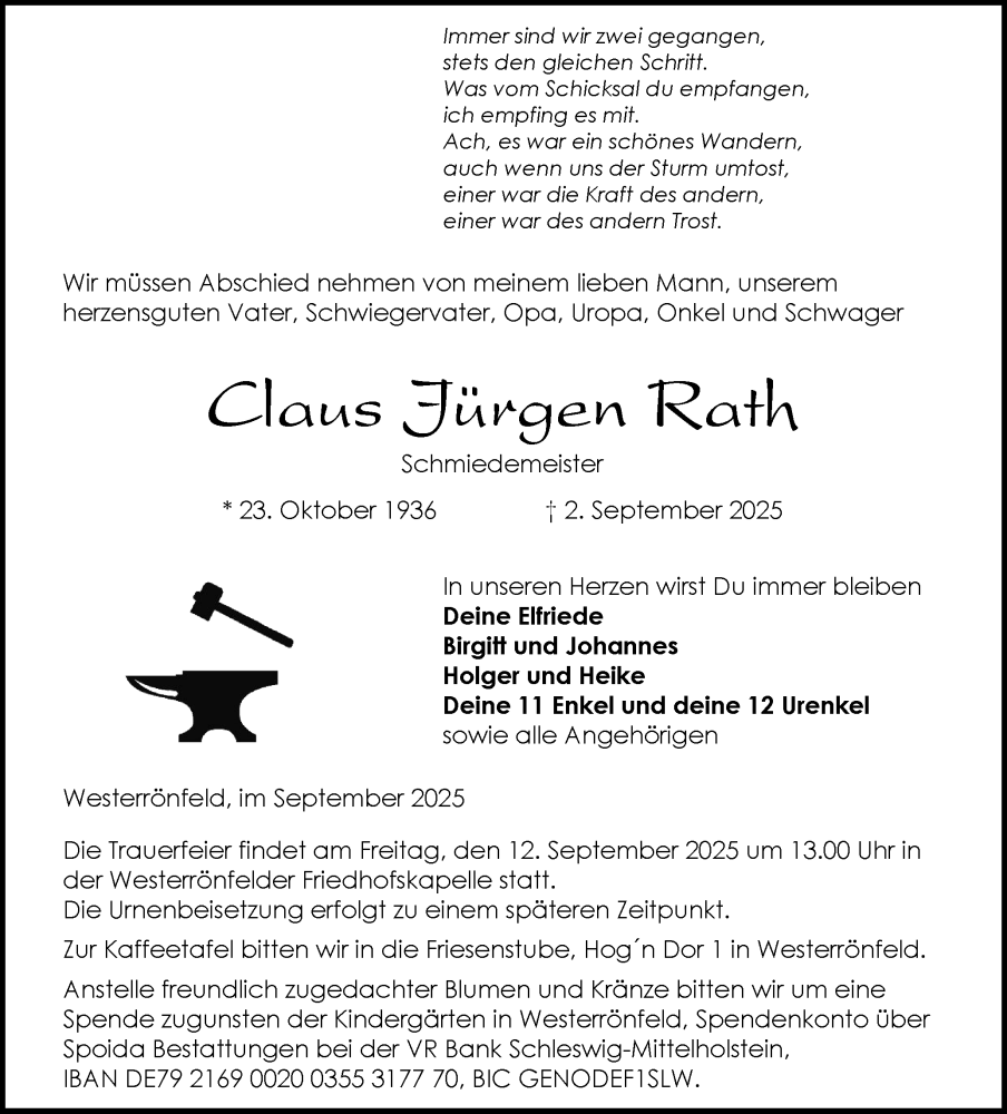  Traueranzeige für Claus Jürgen Rath vom 06.09.2025 aus Schleswig-Holsteinische Landeszeitung