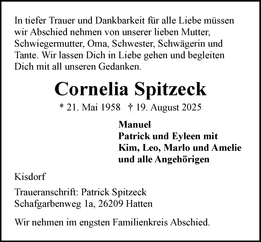  Traueranzeige für Cornelia Spitzeck vom 06.09.2025 aus Umschau
