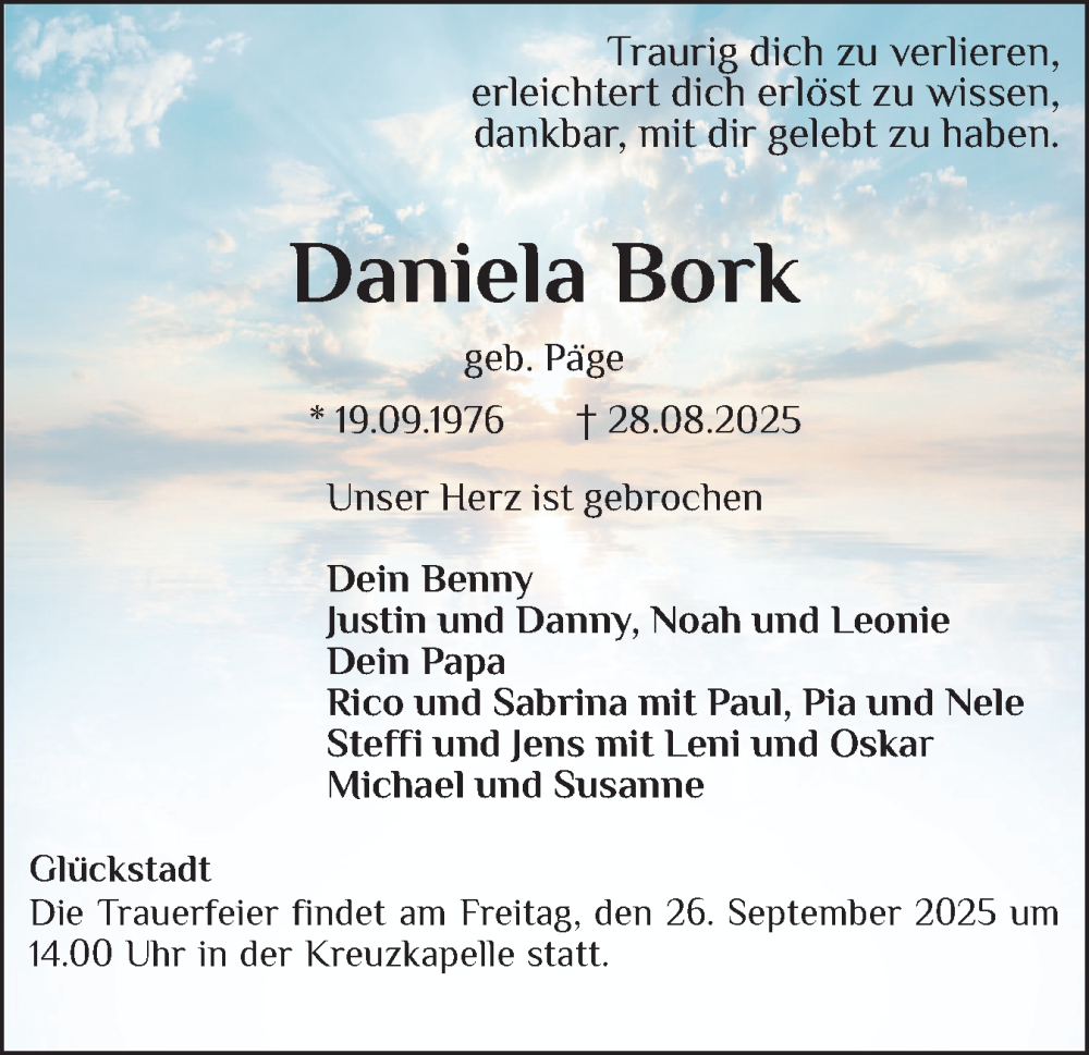  Traueranzeige für Daniela Bork vom 20.09.2025 aus Norddeutsche Rundschau, Wilstersche Zeitung, Glückstädter Fortuna
