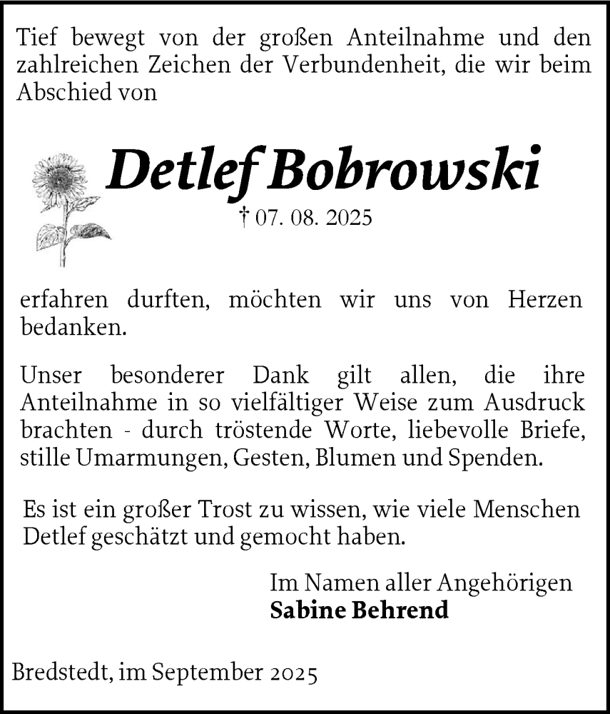 Traueranzeige für Detlef Bobrowski vom 13.09.2025 aus Husumer Nachrichten, Nordfriesland Tageblatt