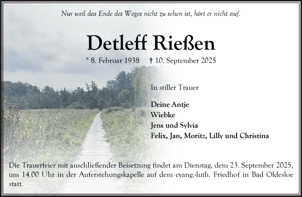  Traueranzeige für Detleff Rießen vom 20.09.2025 aus MARKT Bad Oldesloe/Reinfeld und Stormarner Tageblatt
