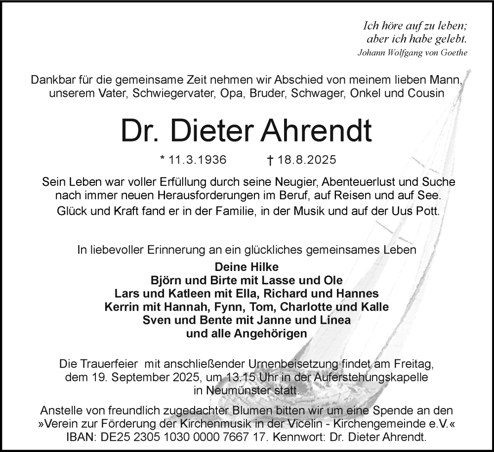  Traueranzeige für Dieter Ahrendt vom 13.09.2025 aus Holsteinischer Courier