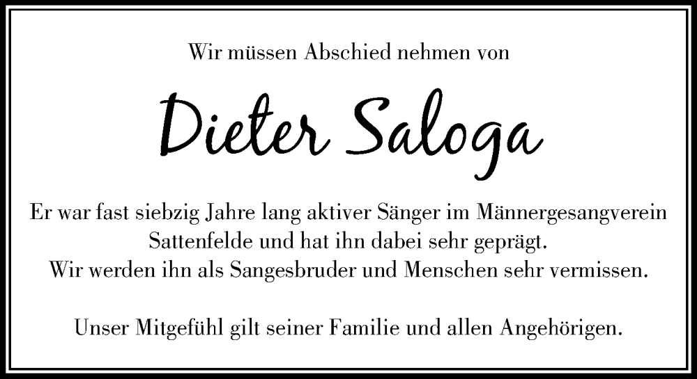  Traueranzeige für Dieter Saloga vom 20.09.2025 aus MARKT Ahrensburg/Bargteheide/Trittau und Stormarner Tageblatt