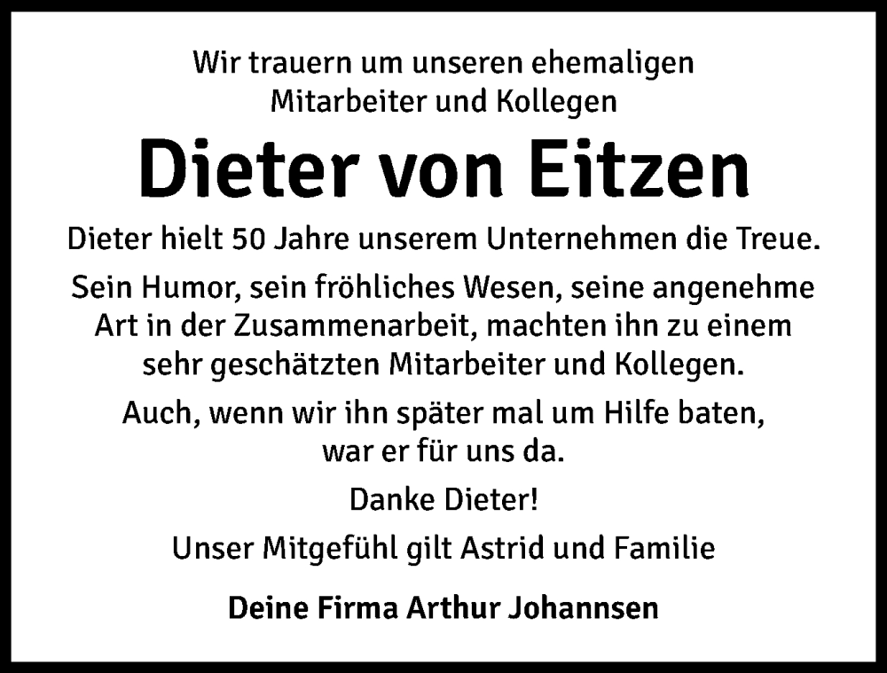  Traueranzeige für Dieter von Eitzen vom 16.09.2025 aus Husumer Nachrichten, Nordfriesland Tageblatt