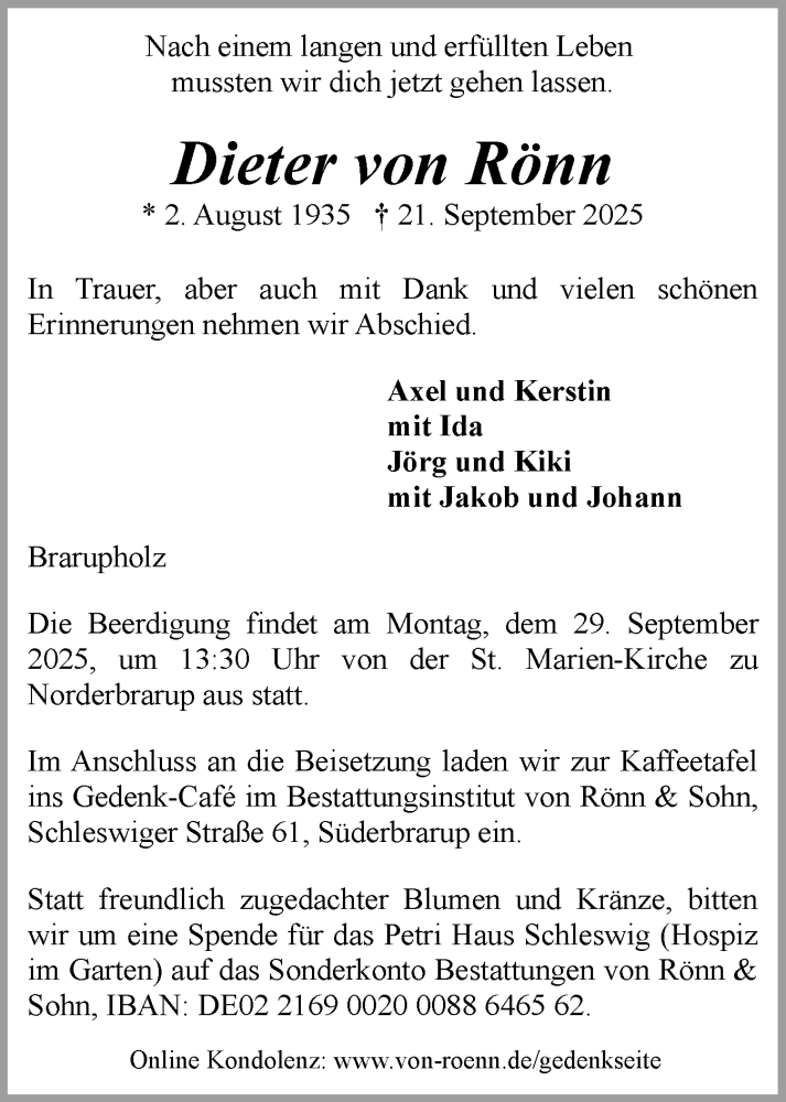  Traueranzeige für Dieter von Rönn vom 24.09.2025 aus Schleswiger Nachrichten, Schlei-Bote